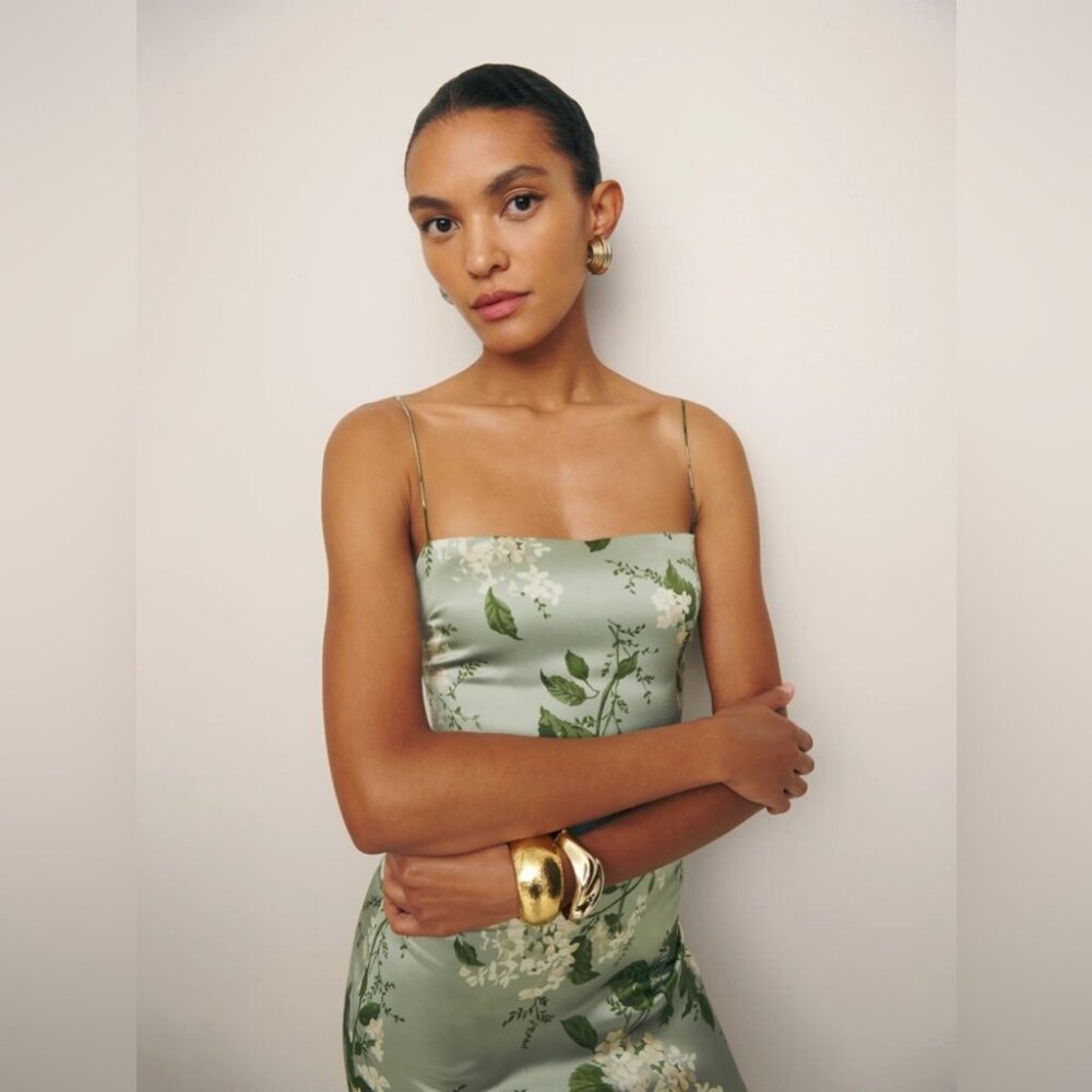 NEW Reformation Frankie Long Silk Dress in Tea Garden Green Floral | size 2 - Picture 3 of 12
